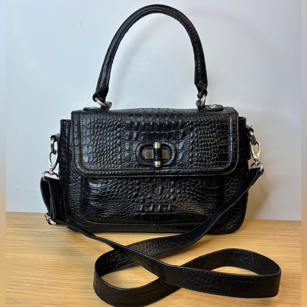 Black Croc Embossed Leather Satchel Top Handle Crossbody Shoulder Bag Womens